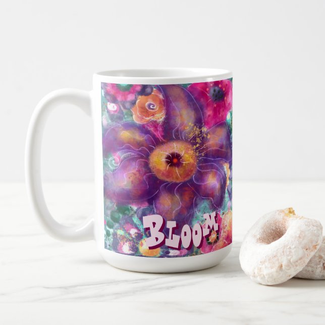 Caneca De Café Whimsical Floral Abstract Art Teal Personalized  (Com Donut)