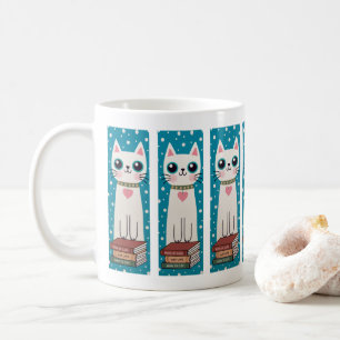 Caneca De Café Whimsical Quirky Doodle White Cat E Livros