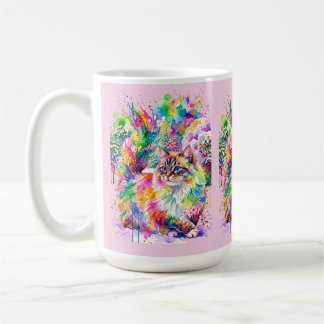 Caneca De Café Whimsical Rainbow Watercolor Fluffy Cat in Winter 