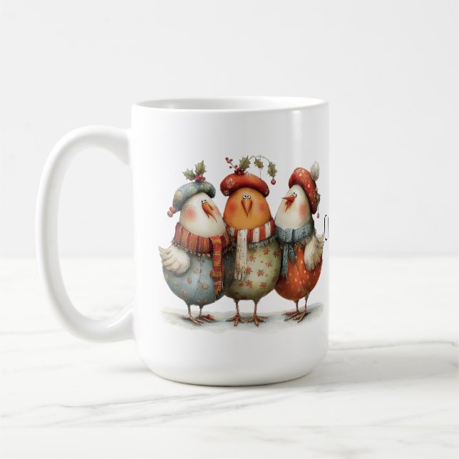 Caneca De Café Whimsical Three French Hens 12 Days Christmas 15oz (Esquerda)