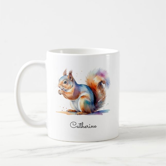 Caneca De Café Whimsical Watercolor Squirrel Personalized Name (Esquerda)