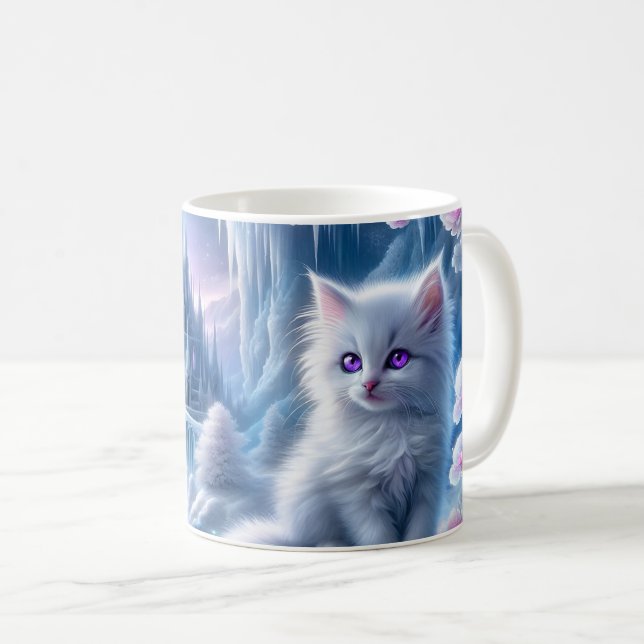Caneca De Café White Kitten em Fantasy Ice Kingdom (Frente Esquerda)