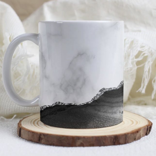 Caneca De Café White Marble Black Agate Silver Glitter  (Criador carregado)