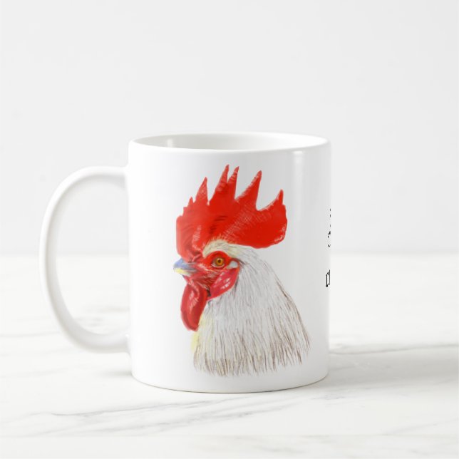 Caneca De Café White Rooster Cockerel com seu texto personalizado (Esquerda)