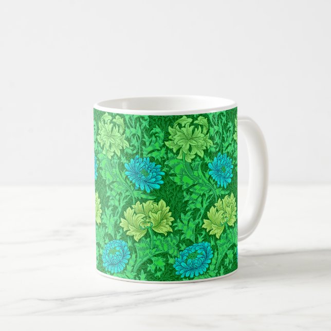 Caneca De Café William Morris Chrysanthemums, Verde limão & Aqua (Frente Esquerda)