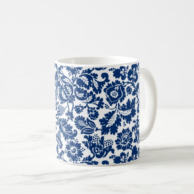 Caneca De Café William Morris Floral Damask, Cobalt Blue em Branc (Frente Esquerda)