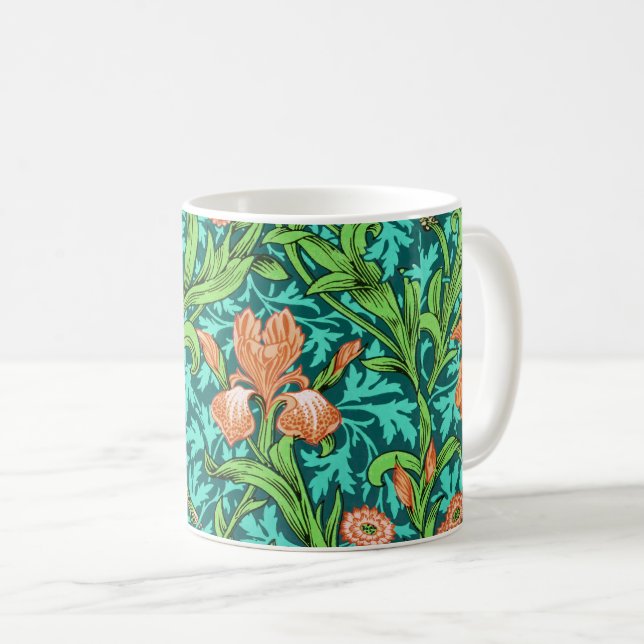 Caneca De Café William Morris Irises, Orange e Turquesa (Frente Esquerda)