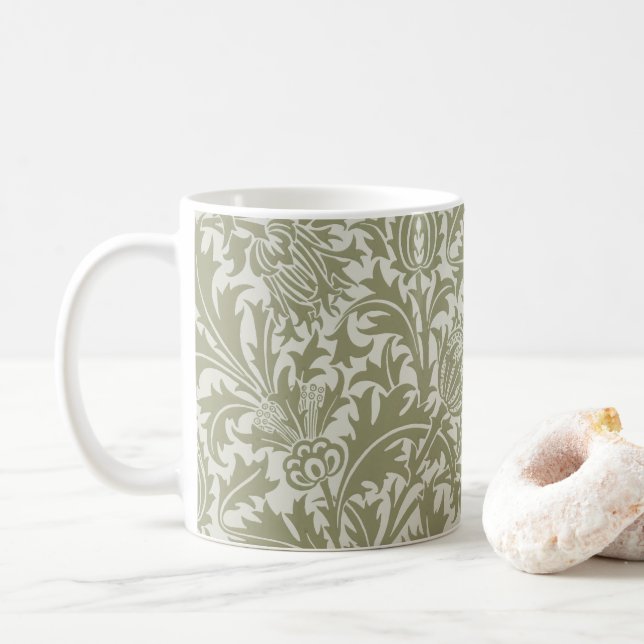 Caneca De Café William Morris Thistle Sage - Padrão Verde (Com Donut)
