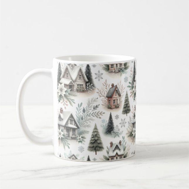 Caneca De Café Winter Cottage Snowfall Pattern (Esquerda)