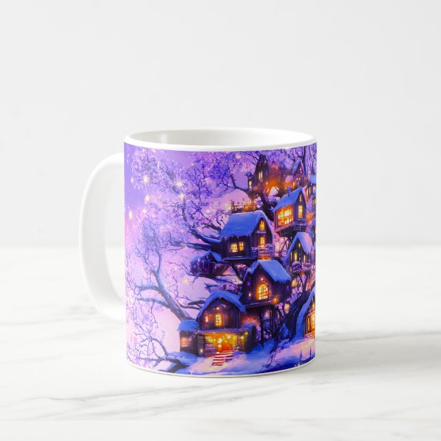 Caneca De Café Winter Fantasy Snowy Tree Village Landscape (Frente Esquerda)