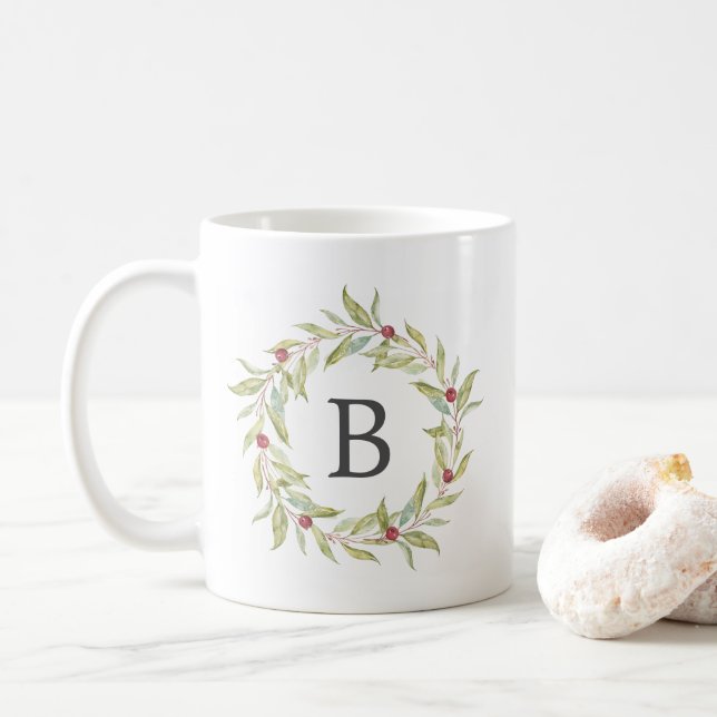 Caneca De Café Winter Greenery Berries Wreath Monograma Natal (Com Donut)