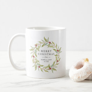 Caneca De Café Winter Greenery Berries Wreath Monograma Natal