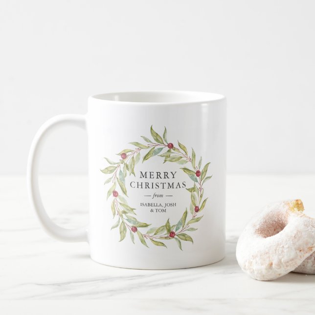 Caneca De Café Winter Greenery Berries Wreath Monograma Natal (Com Donut)