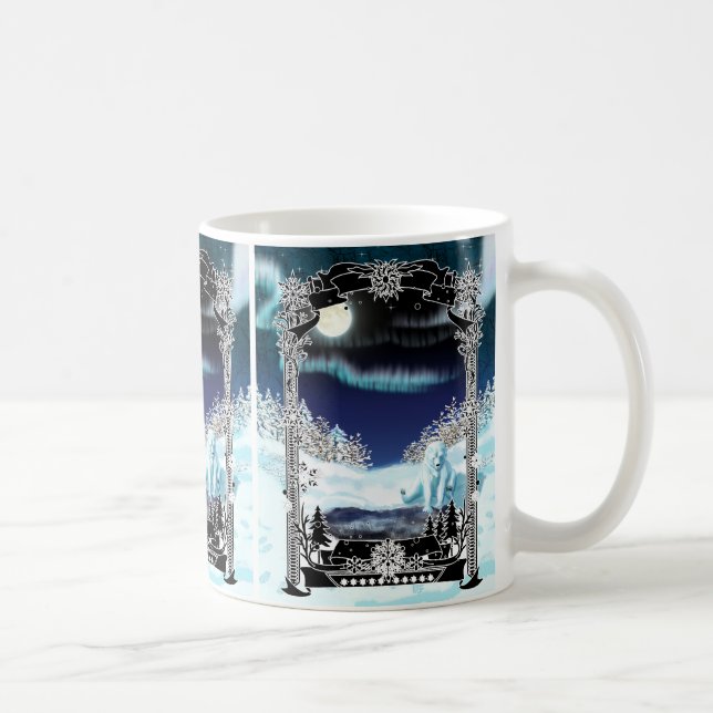 Caneca De Café Winter Polar Bear Pond with Aurora (Direita)
