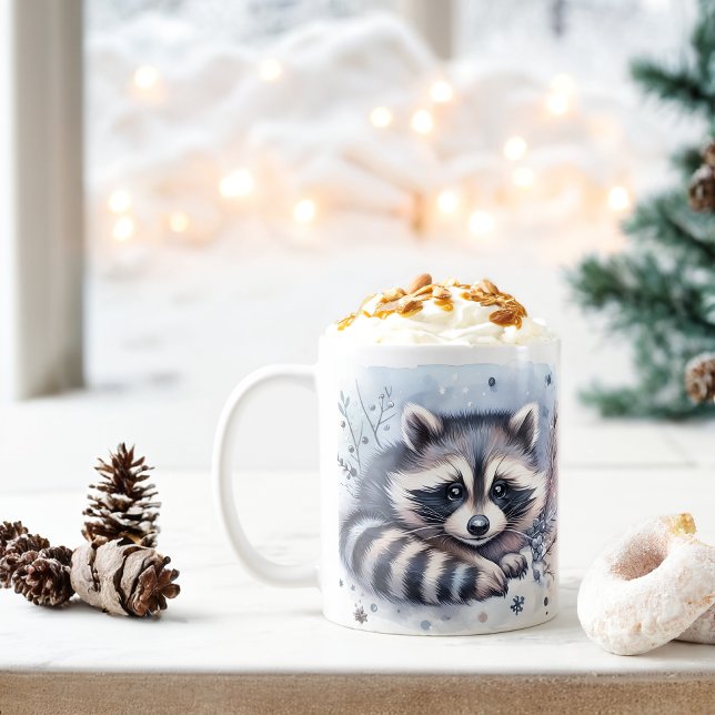 Caneca De Café Winter Vibes Watercolor Baby Raccoon - (Criador carregado)