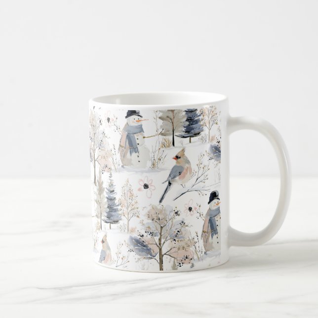 Caneca De Café Winter Wonderland Snowman e Bird Pattern (Direita)