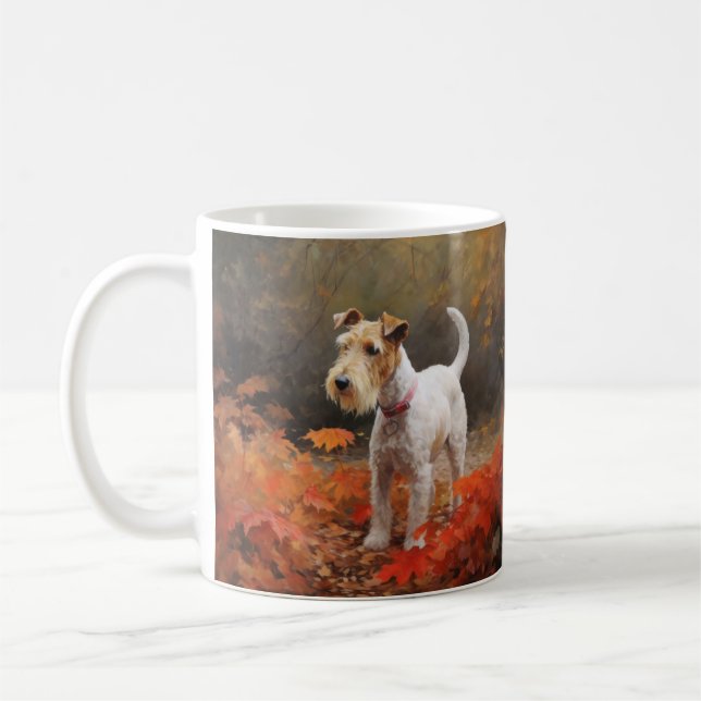 Caneca De Café Wirefox Terrier no Outono Folhas Caídas Inspiram  (Esquerda)