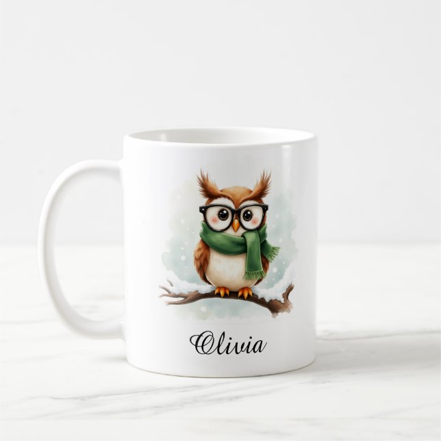 Caneca De Café Wise Owl in Glasses & Scarf Custom Name Mug (Esquerda)