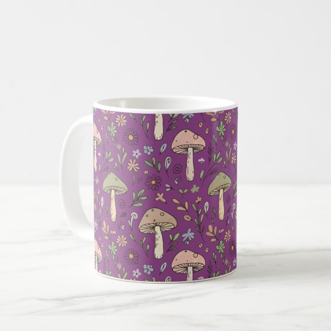 Caneca De Café Witchy Plum Purple Fungi Seamless Pattern Gift (Frente Esquerda)