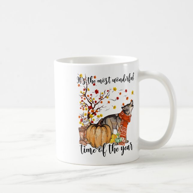 Caneca De Café Wolf Dog Fall Pumpkins Autumn Leaf Tree (Direita)