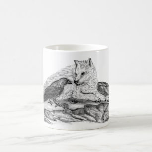 Caneca De Café Wolf e Raven - Design preto e branco