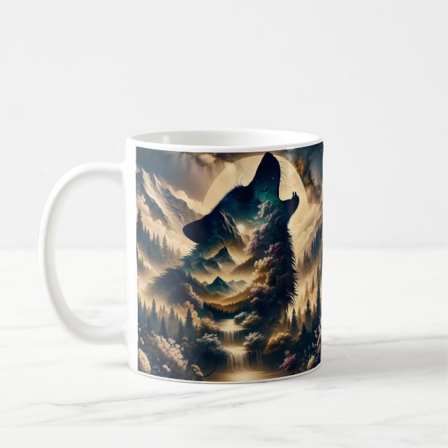 Caneca De Café Wolf Howling na lua numa noite nublada (Esquerda)
