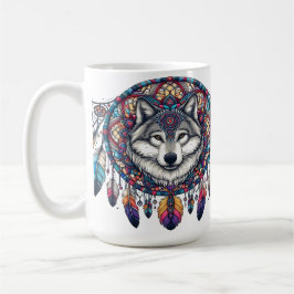 Caneca De Café Wolf Mandala Design com Dreamcatcher e Penas