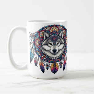 Caneca De Café Wolf Mandala Design com Dreamcatcher e Penas