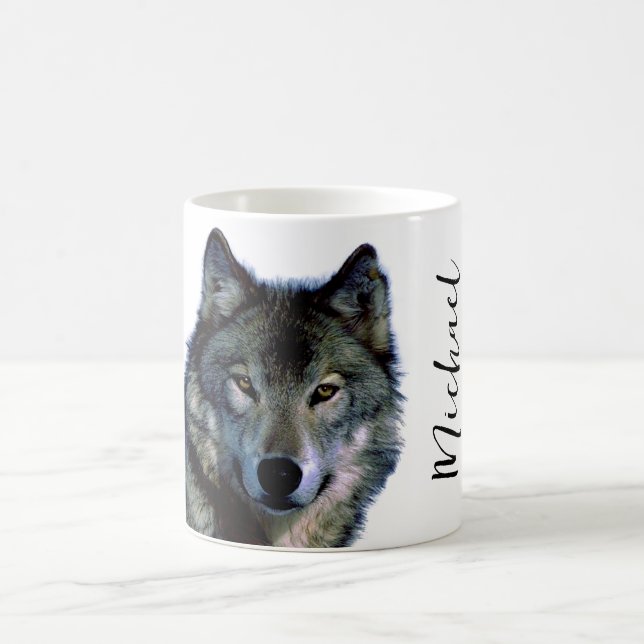 Caneca De Café Wolf Retraia Seu Nome Manuscrito Personalizado (Centro)