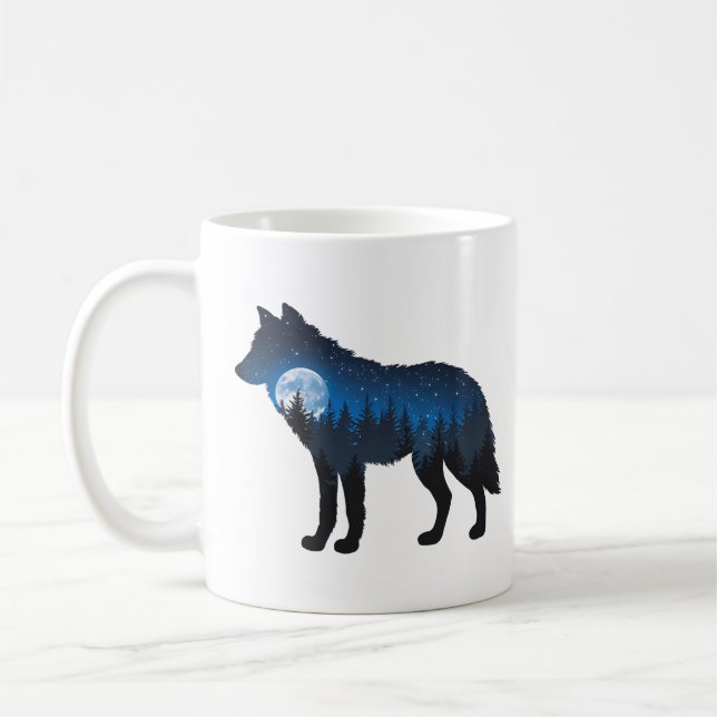 Caneca De Café Wolf Silhouette Moonlit e Starry em dupla exposiçã (Esquerda)