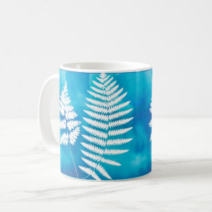 Caneca De Café Woodland Fern Pattern, Branco sobre Azul 