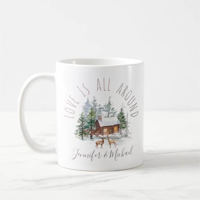 Caneca De Café Woodland Forest Love Deer Casal com Nomes (Esquerda)