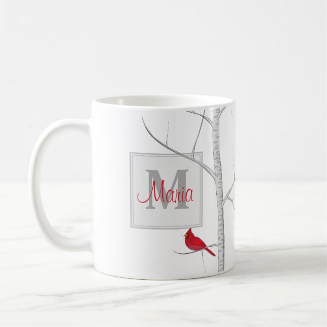 Caneca De Café Woodland Tree Red Winter Bird Rusch Monograma (Esquerda)