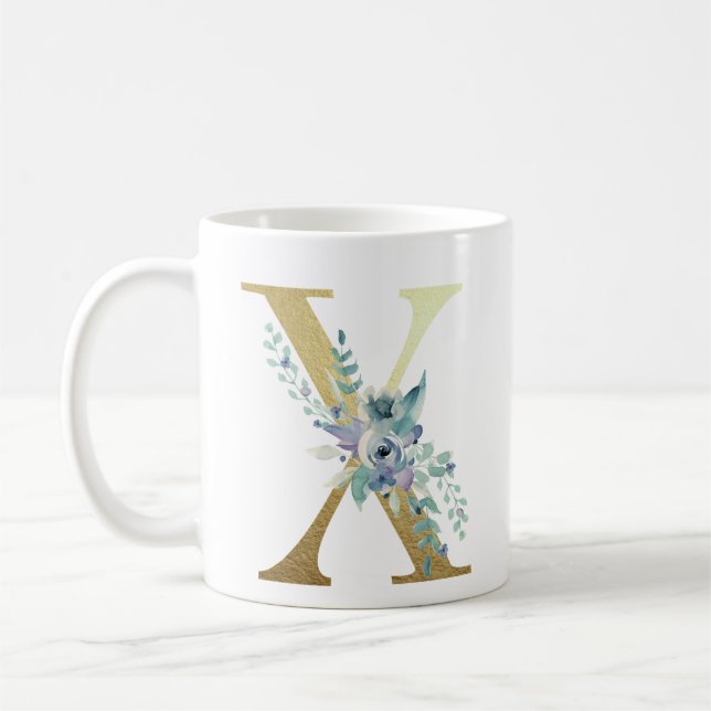 Caneca De Café x, ouro inicial com folhagem floral azul (Esquerda)