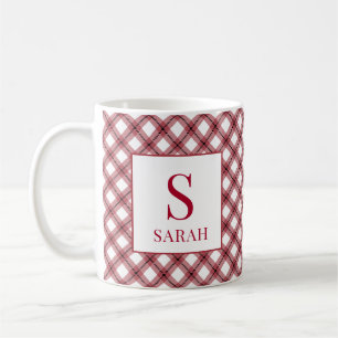 Caneca De Café Xadrez Argyle Vermelho Monograma Nome