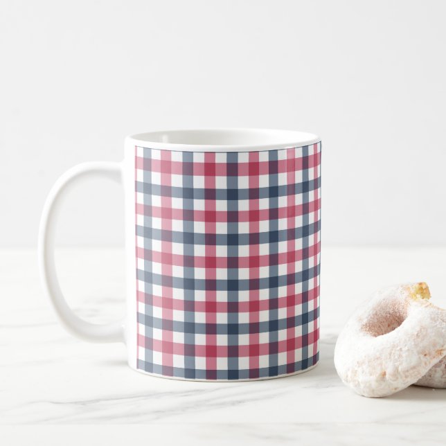 Caneca De Café Xadrez Azul Branco Vermelho (Com Donut)