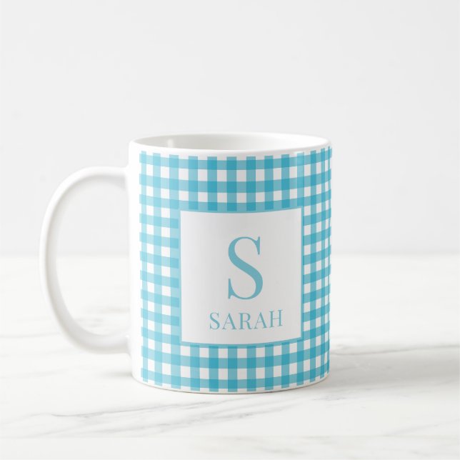 Caneca De Café Xadrez Azul Clássico com Monograma Nome (Esquerda)