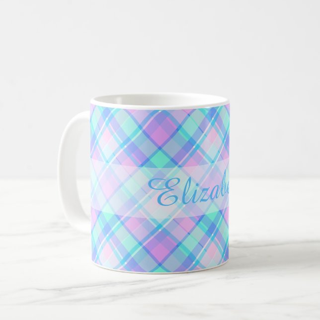 Caneca De Café Xadrez azul e rosa personalizada (Frente Esquerda)