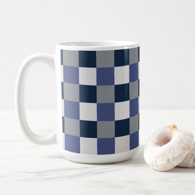 Caneca De Café Xadrez Azul Marinho Cinza Branco (Com Donut)
