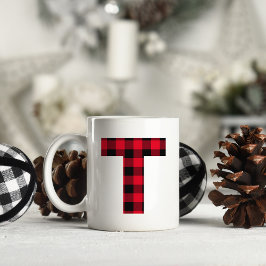 Caneca De Café Xadrez Búfalo Vermelho e Preto Letra T Maiúscula M