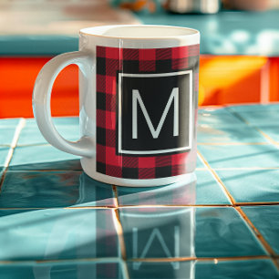 Caneca De Café Xadrez Búfalo Vermelho e Preto Monogramado