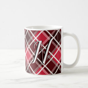 Caneca De Café Xadrez Clássica de Tartan Vermelho Monograma Preto