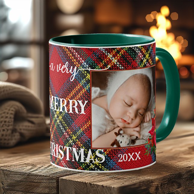 Caneca De Café Xadrez Clássica, Galeria de Fotografias de Manuten (Classic mug featuring your own custom photos framed by a plaid pattern with Christmas flowers)