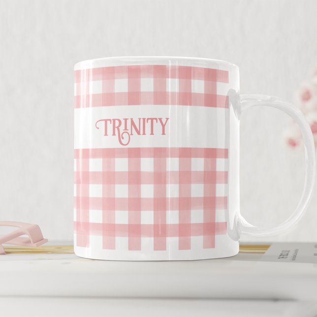 Caneca De Café Xadrez Clássica Rosa e Branco Gingham Personalizad (Criador carregado)