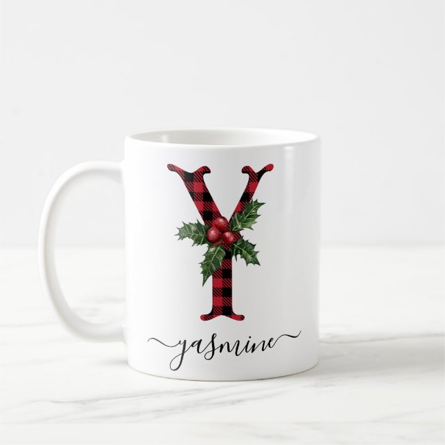 Caneca De Café Xadrez de búfalo Y Monograma Café de Natal (Esquerda)