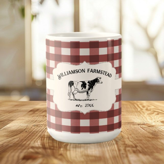 Caneca De Café Xadrez de búfalos, Fazenda de café (Red Buffalo Plaid Farm Cow Coffee Mug)