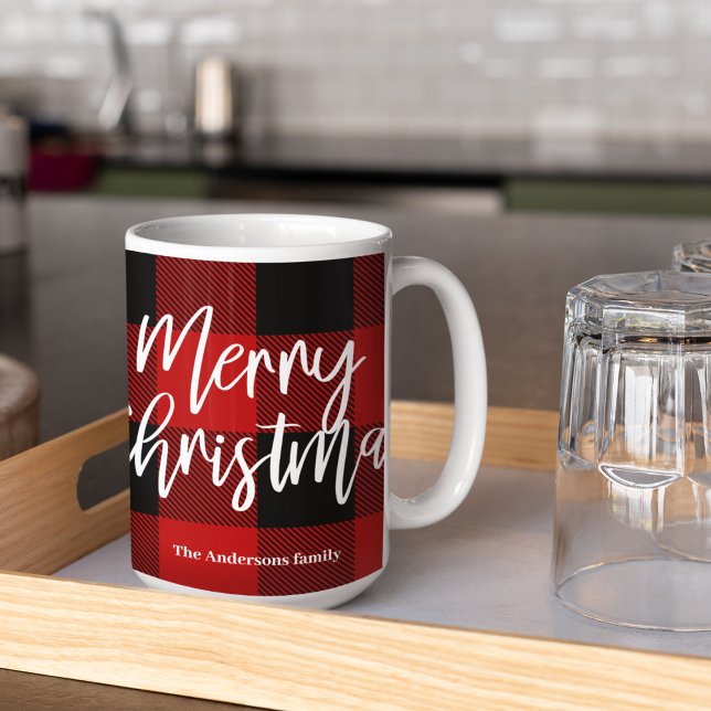 Caneca De Café Xadrez de Buffalo Vermelho e Feliz Natal |Nome pes (Criador carregado)