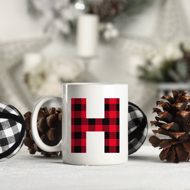 Caneca De Café Xadrez de Buffalo Vermelho e Negro - Letra H Monog (Letter H Monogram Christmas Coffee Cup)