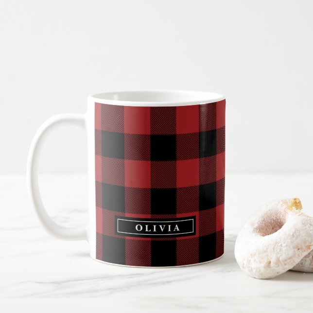 Caneca De Café Xadrez de Buffalo Vermelho, Padrão Monograma (Com Donut)