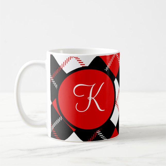 Caneca De Café Xadrez de Estilo Branco Preto Vermelho Monograma (Esquerda)